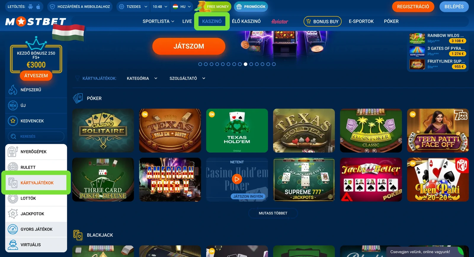 Kártyajátékok és póker a Mostbet kaszinóban