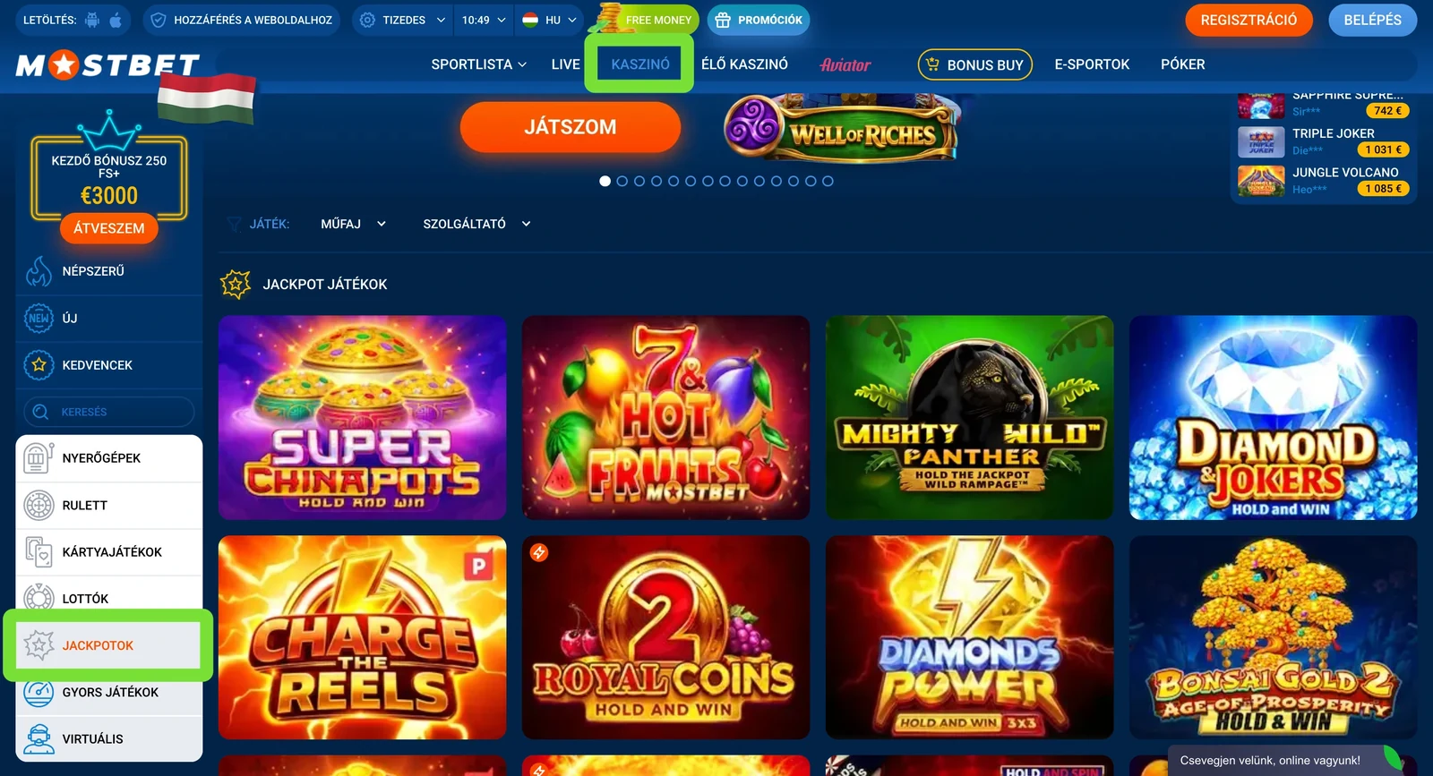 Jackpot játékok a Mostbet kaszinóban