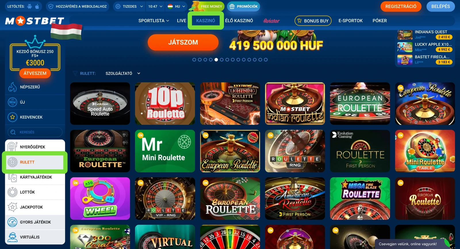 Rulettjátékok a Mostbet kaszinóban
