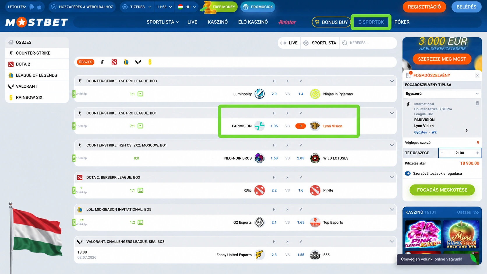 Mostbet e-sport fogadási felület