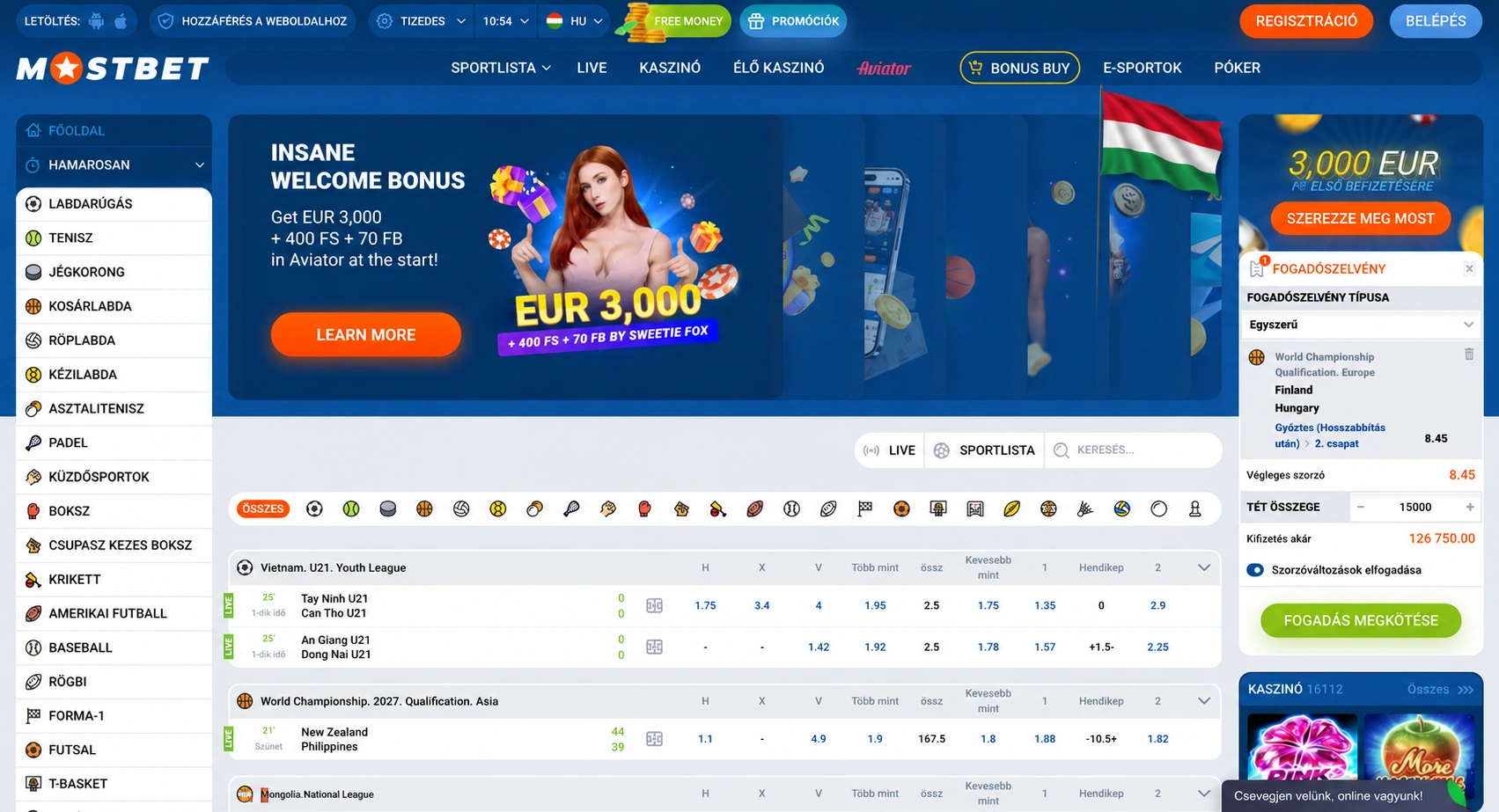 A Mostbet kezdőoldala üdvözlő bónuszajánlattal