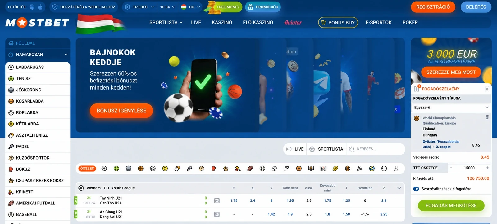A Mostbet sportfogadási felülete magyar nyelven